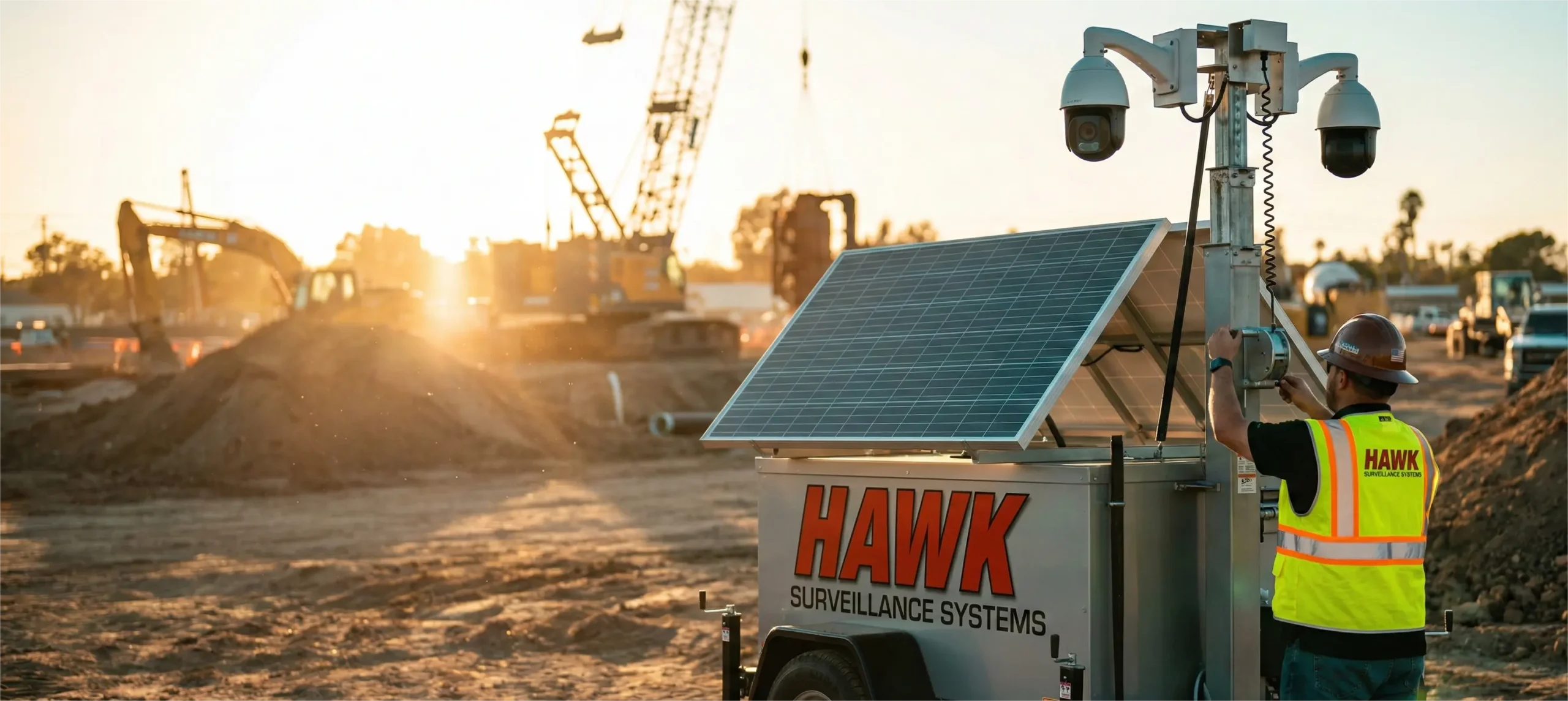 HAWK Surveillance Systems technician deploying a solar-powered mobile security trailer with PTZ cameras on a construction site during golden hour.