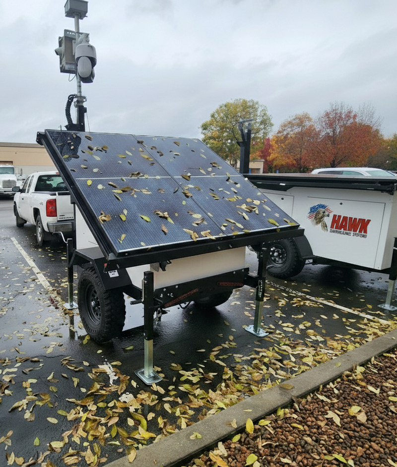 Hawk solar surveillance trailer deployed in a commercial parking lot