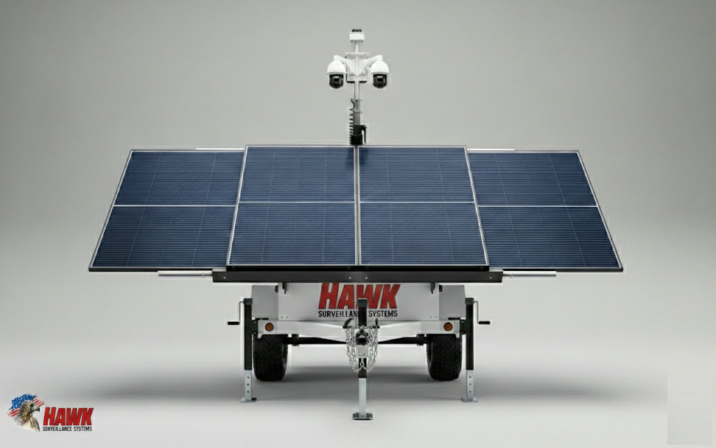 Hawk solar surveillance trailer with pole-mounted security cameras