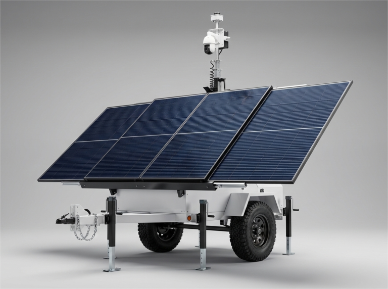 Solar mobile surveillance trailer with elevated security camera mast