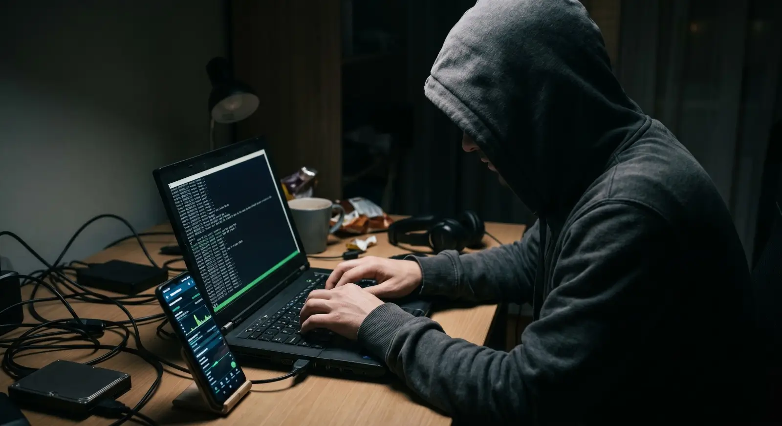 A hooded figure engaged in hacking using a laptop and smartphone in low light.