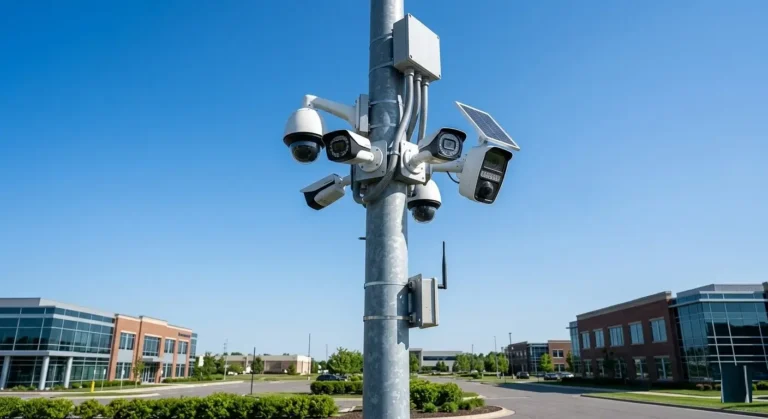 Outdoor security cameras mounted on a pole against a clear blue sky, ensuring vigilant surveillance.