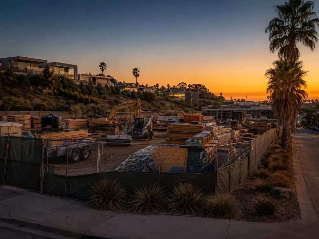 California construction site at dusk illustrating 2026 construction theft statistics, hot-target materials, and prevention