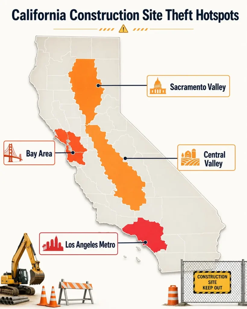 Map of California construction site theft hotspots highlighting Bay Area, Sacramento Valley, Central Valley, Greater Los Angeles, Inland Empire, and San Diego