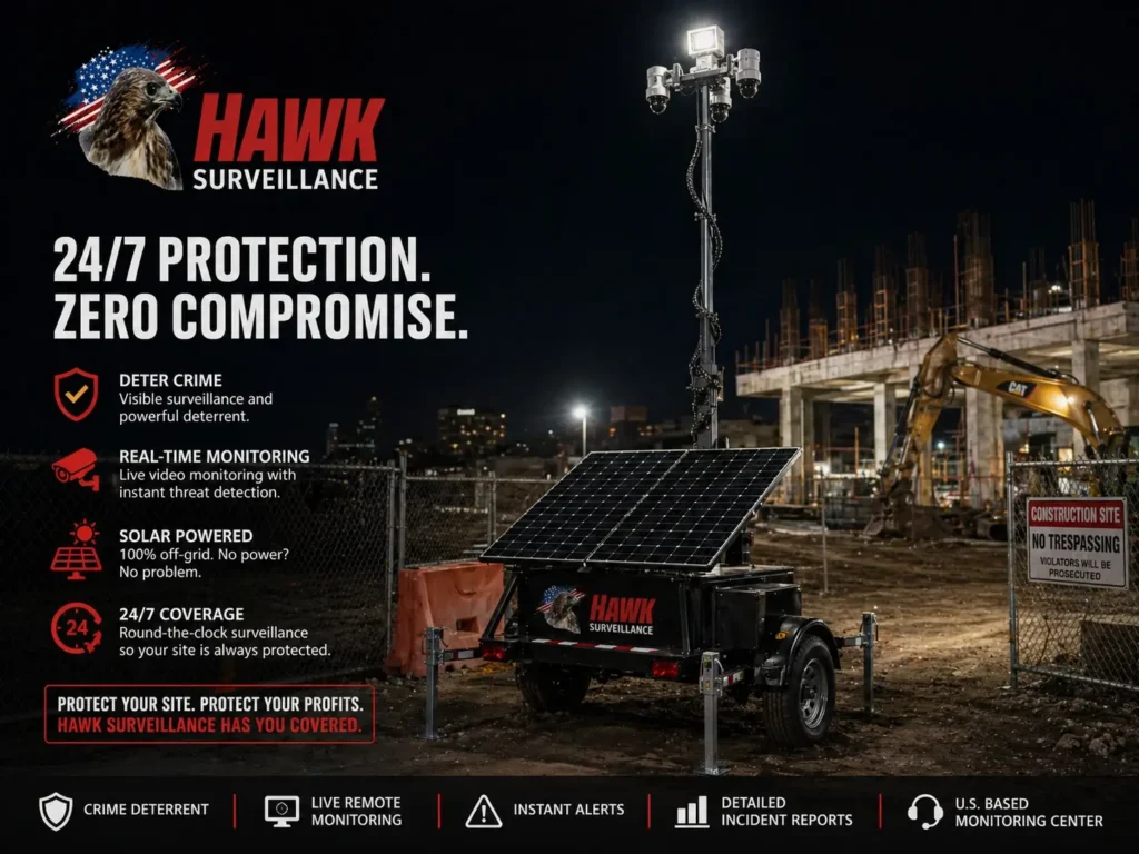 Hawk Surveillance solar-powered mobile surveillance trailer at a California construction site providing 24/7 protection, real-time monitoring, and visible deterrence