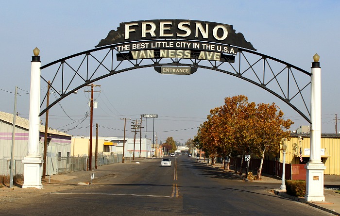 Fresno welcome arch on Van Ness Avenue reading The Best Little City in the U.S.A.