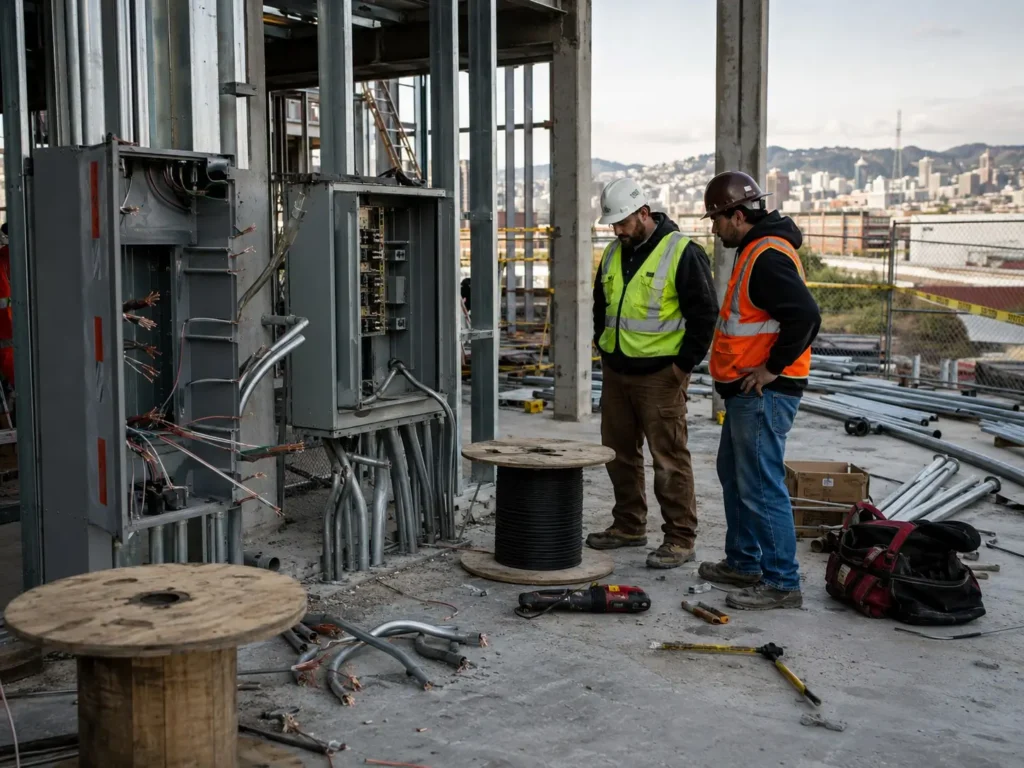 Copper wire theft prevention for Bay Area construction sites — surveillance trailer protecting an active jobsite