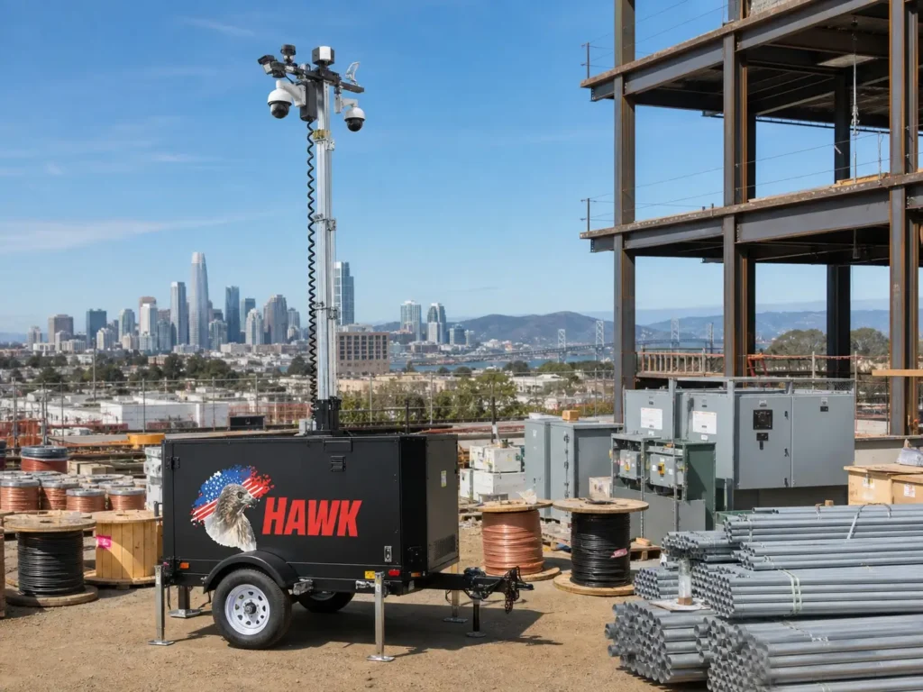 Surveillance camera mast on a Hawk industrial trailer providing line of sight across a Bay Area jobsite