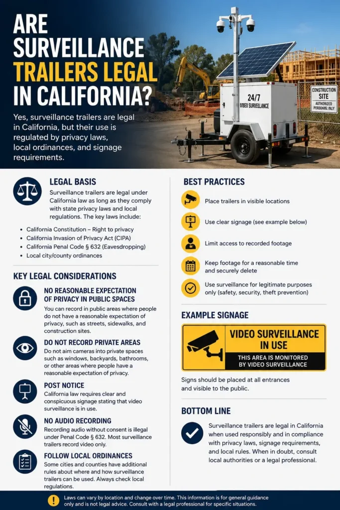 Mobile surveillance trailer with required signage deployed at a California commercial property
