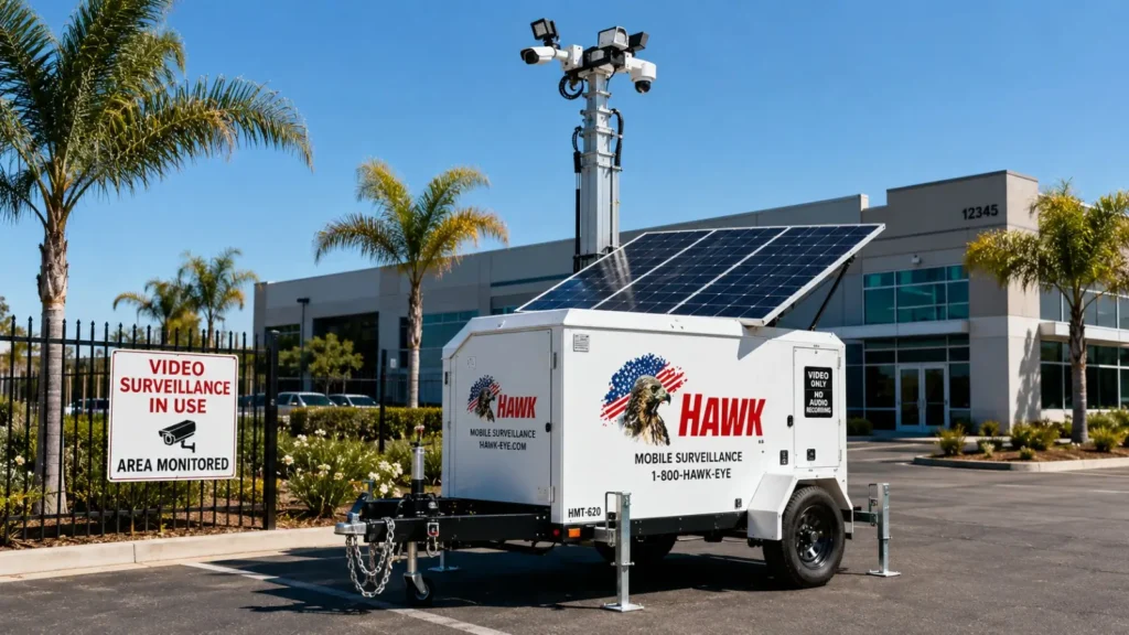 Hawk solar surveillance trailer monitoring a Northern California construction site at dusk