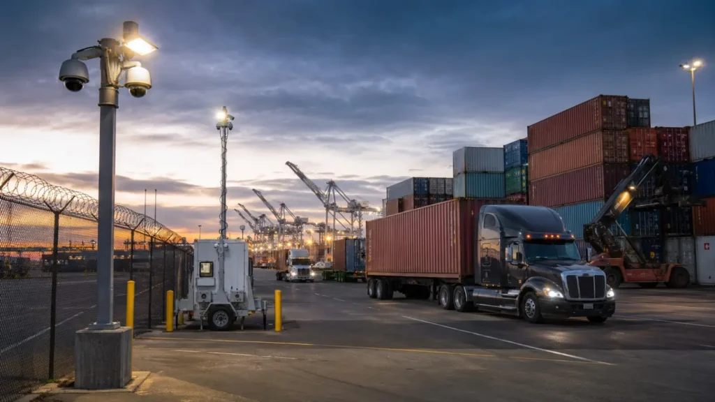 NorCal logistics yard at the Port of Oakland with stacked containers and surveillance lighting at dusk