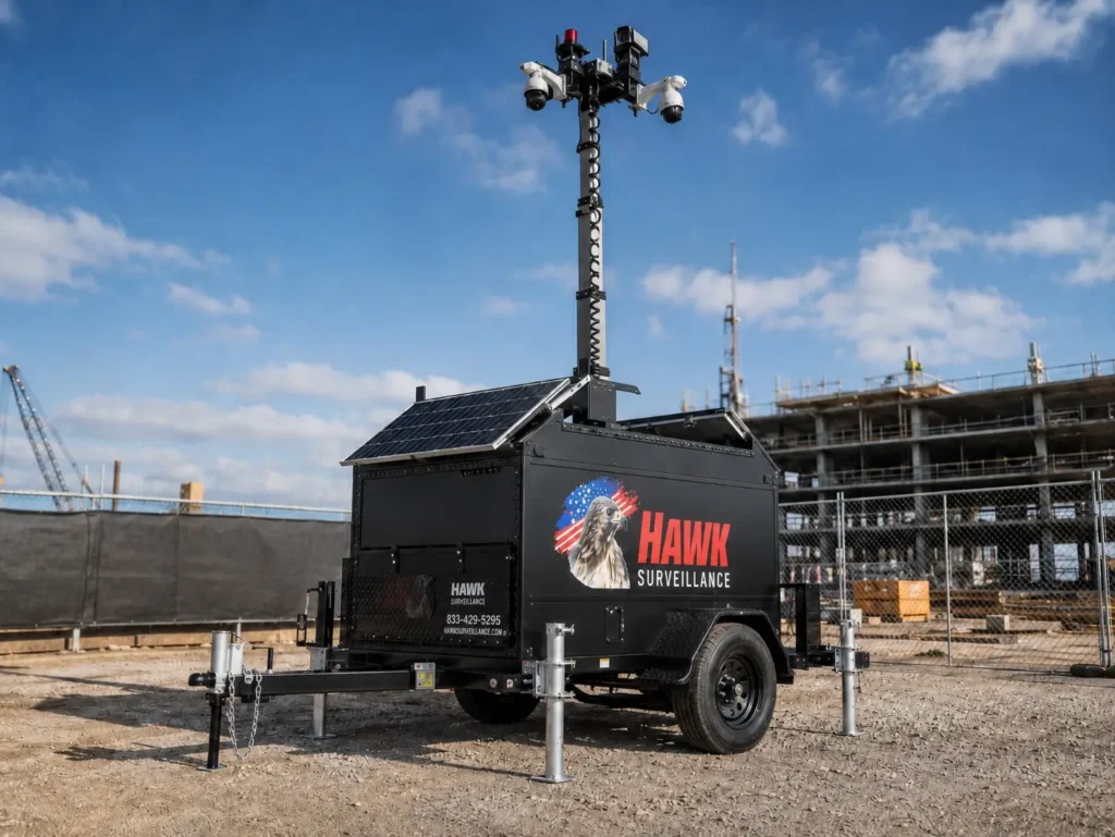 Hawk Surveillance trailer deployed on a California construction site with PTZ cameras on a telescoping mast and solar panels