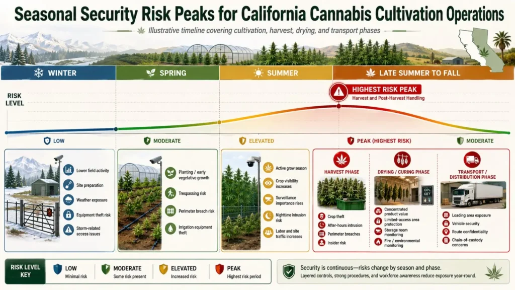Timeline showing seasonal security risk peaks for California cannabis cultivation operations including harvest drying and transport phases