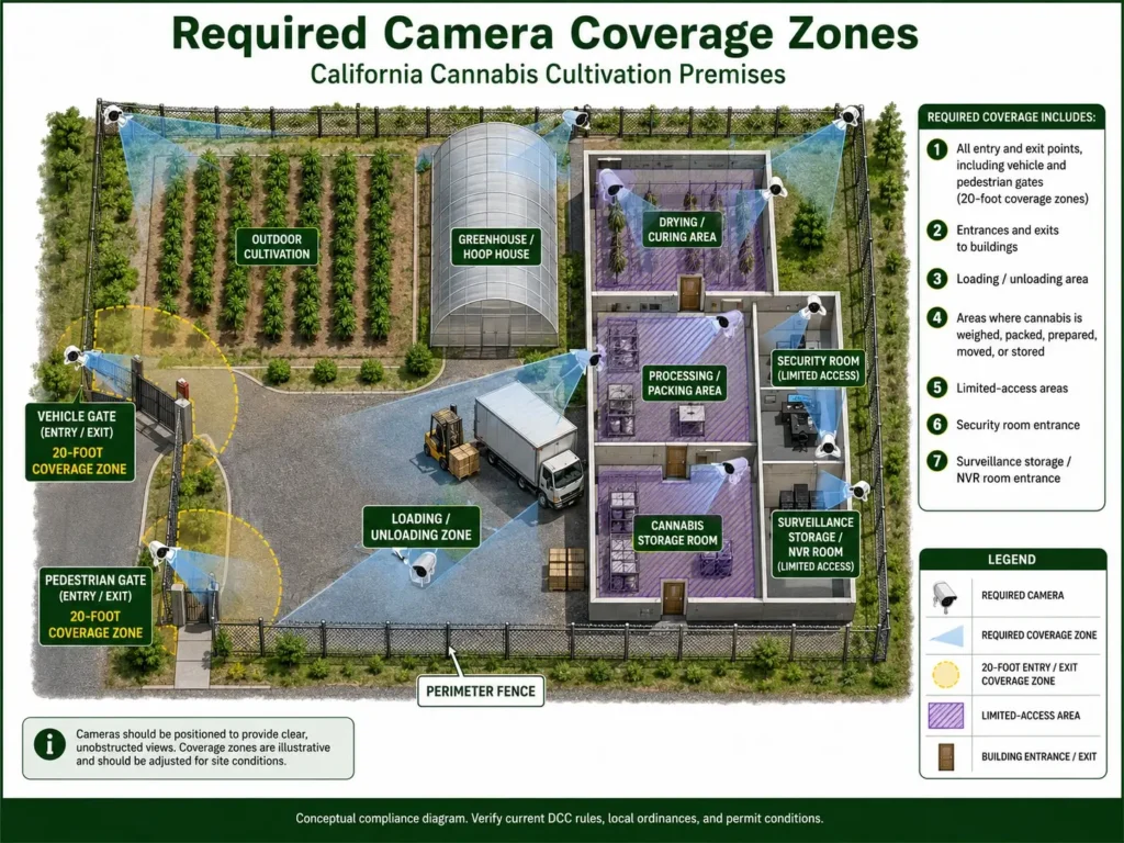 Diagram showing required camera coverage zones on a California cannabis cultivation premises
