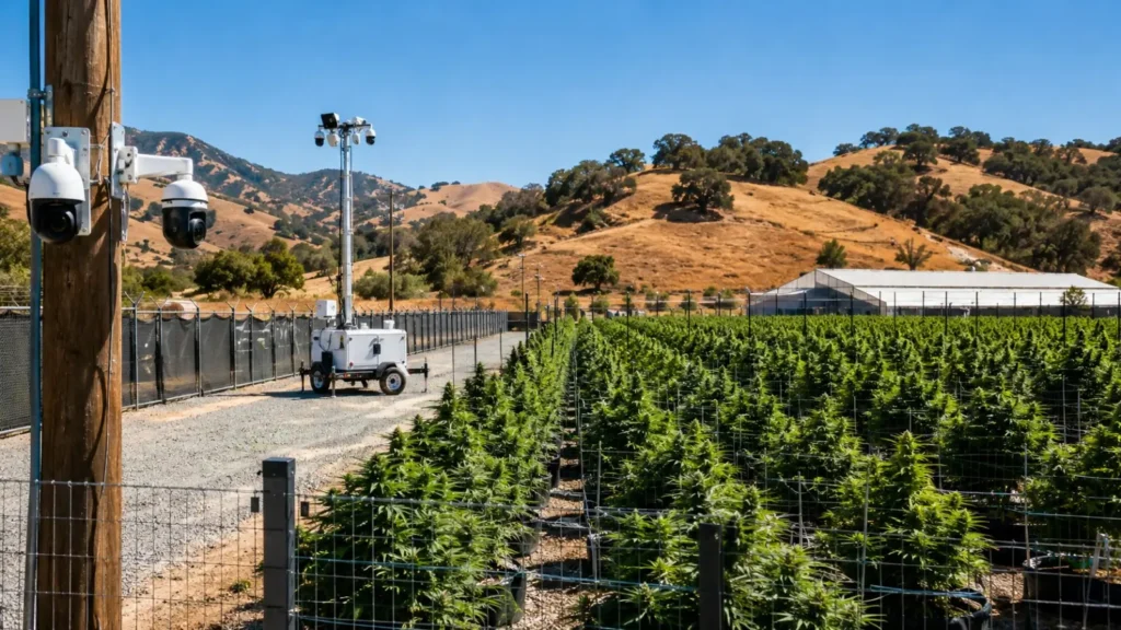 Hawk mobile solar surveillance trailer with PTZ cameras deployed along the perimeter of a California cannabis cultivation site
