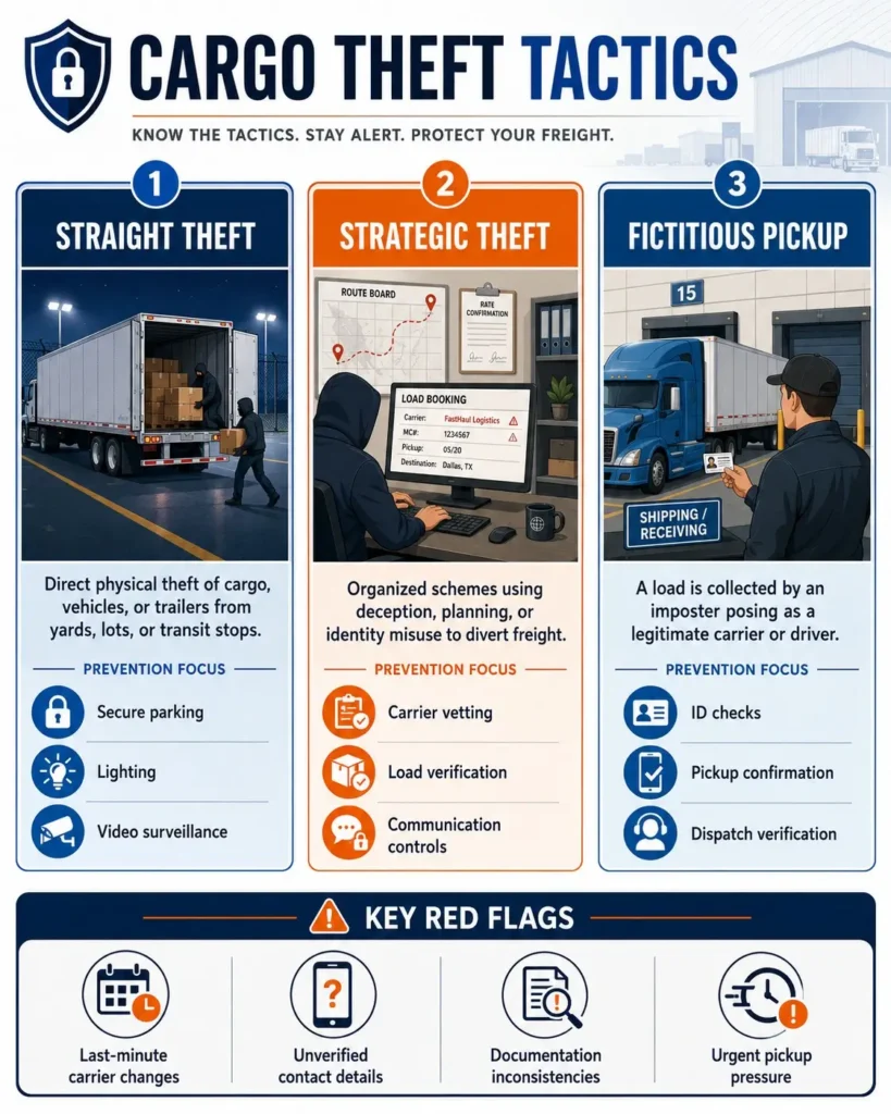 Infographic explaining cargo theft tactics including straight theft strategic theft and fictitious pickup