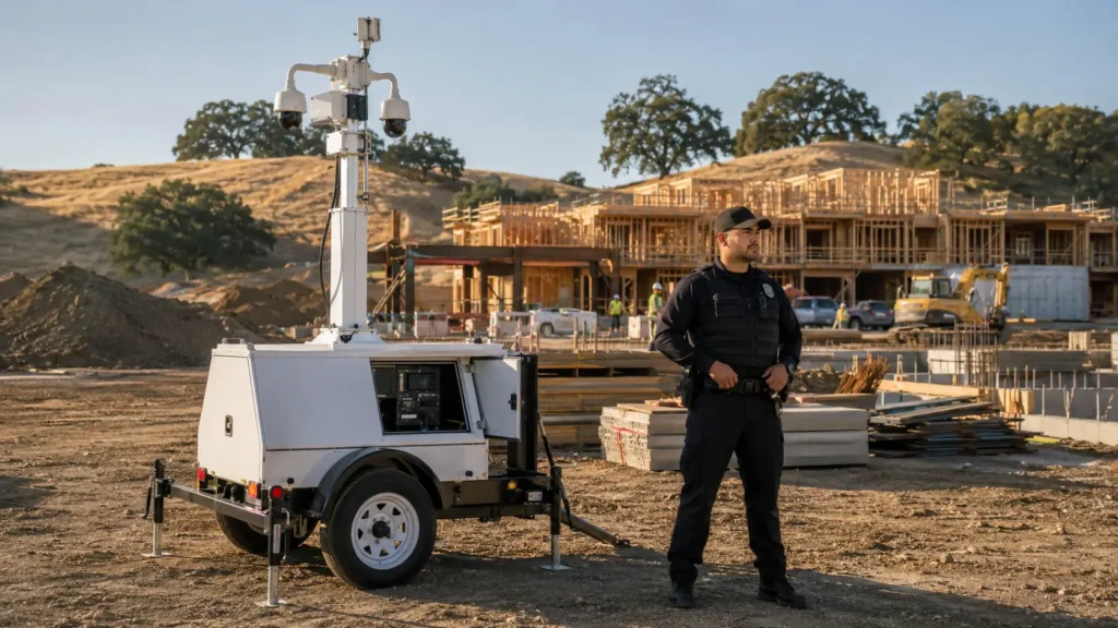 Side-by-side comparison of a mobile security camera trailer and a uniformed security guard at a Northern California jobsite
