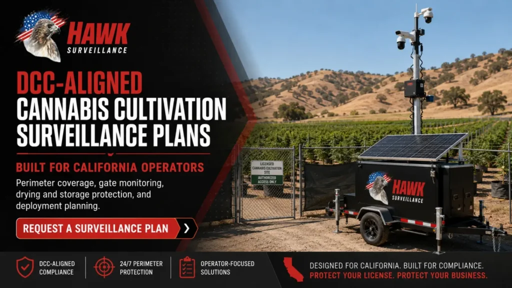 Hawk Surveillance promotional graphic for DCC-aligned cannabis cultivation surveillance plans built for California operators, featuring a mobile solar trailer at a licensed grow site