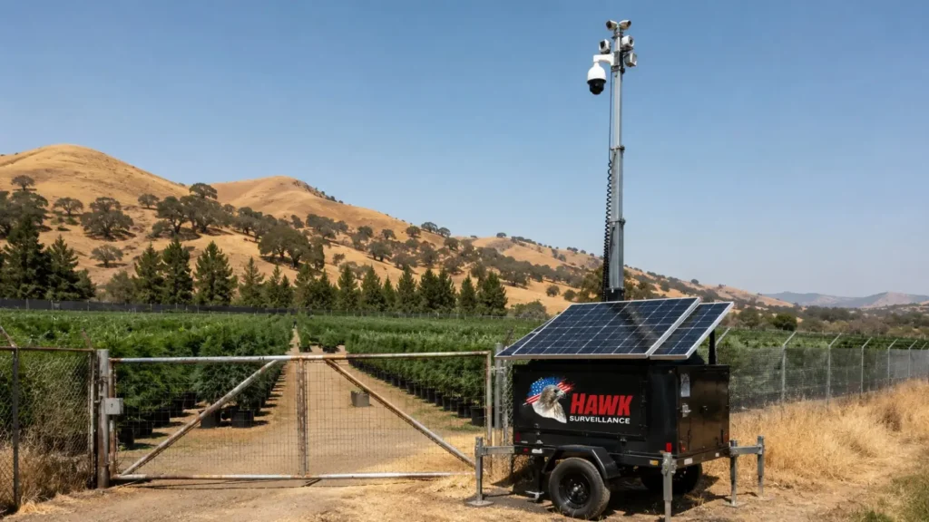 Hawk solar-powered surveillance trailer with elevated PTZ camera deployed at the fenced perimeter of an outdoor California cannabis grow