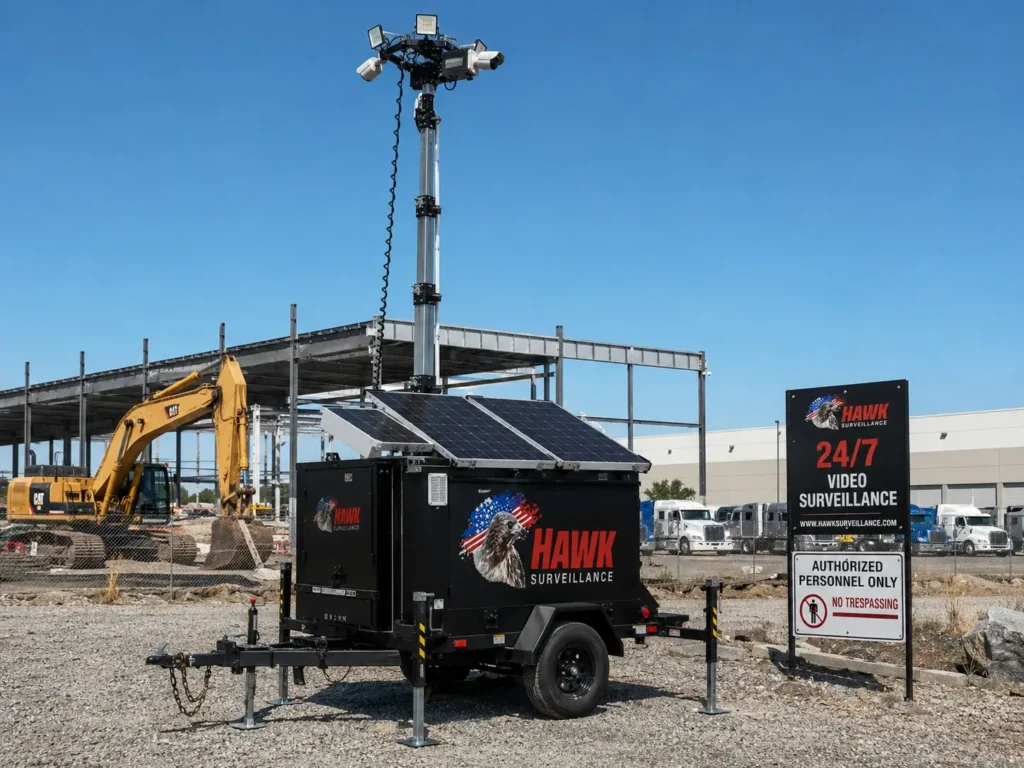 Hawk Surveillance trailer deployed at a California site showing equipment configuration and signage