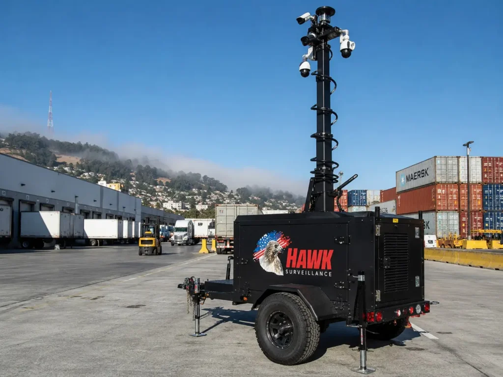 Hawk Surveillance heavy-duty industrial trailer deployed at a Northern California logistics yard
