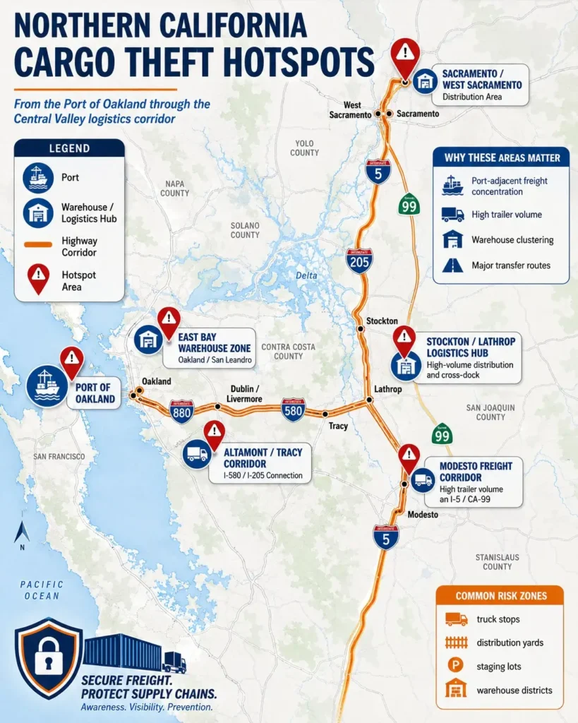 Map of Northern California cargo theft hotspots showing Port of Oakland, Stockton, Tracy, Lathrop, Fresno, and Sacramento Valley