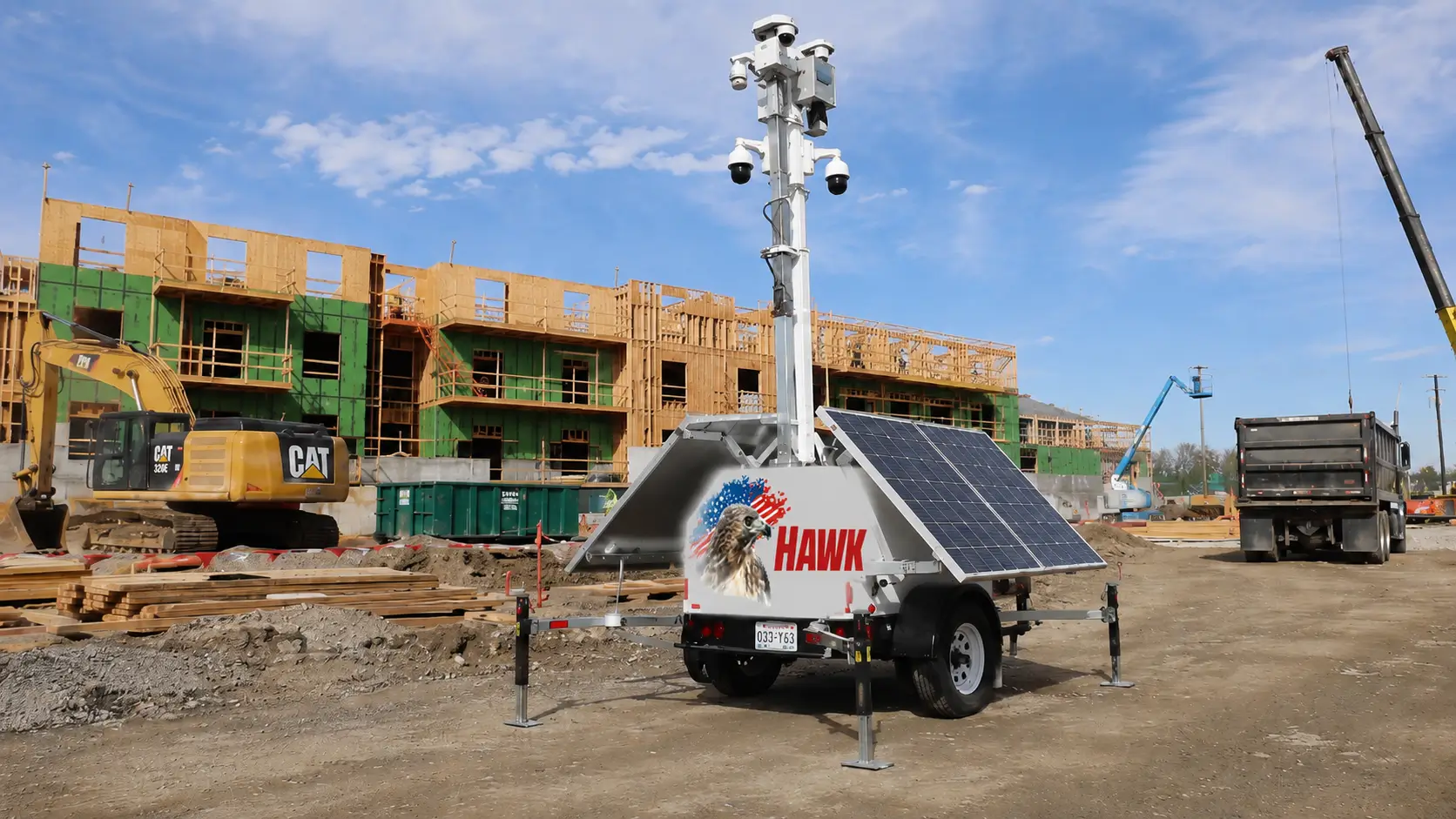 Hawk security camera trailer monitoring a California construction site as a cost-effective alternative to a security guard