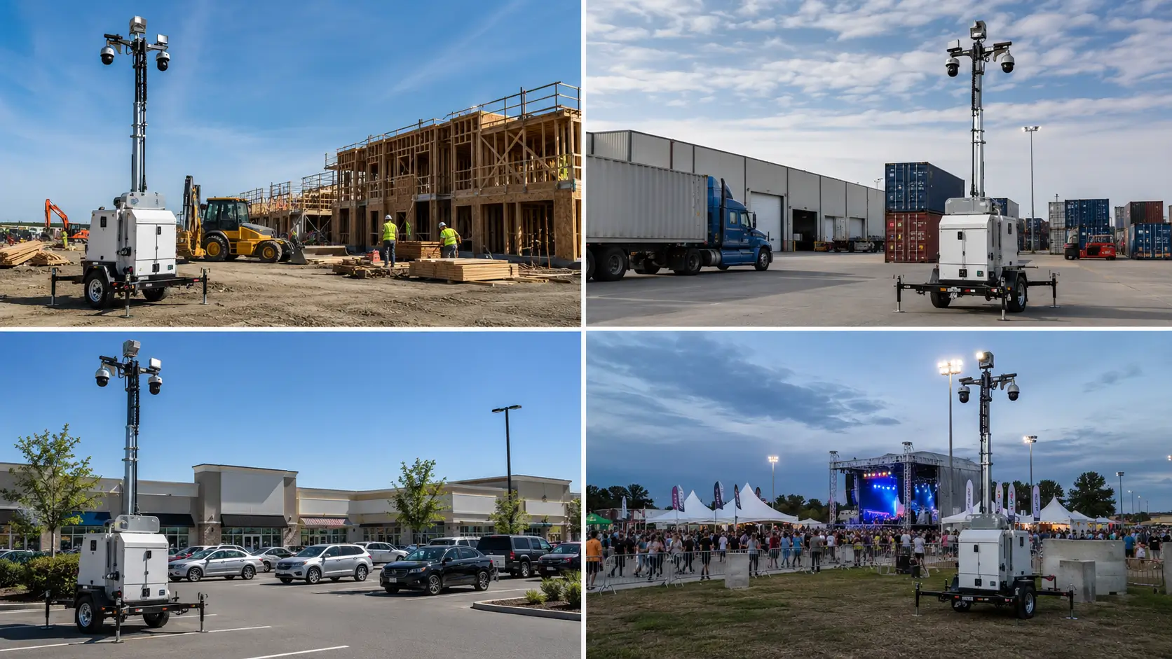 Hawk security camera trailers deployed across four use cases: construction jobsite, warehouse and logistics yard, retail parking lot, and outdoor event