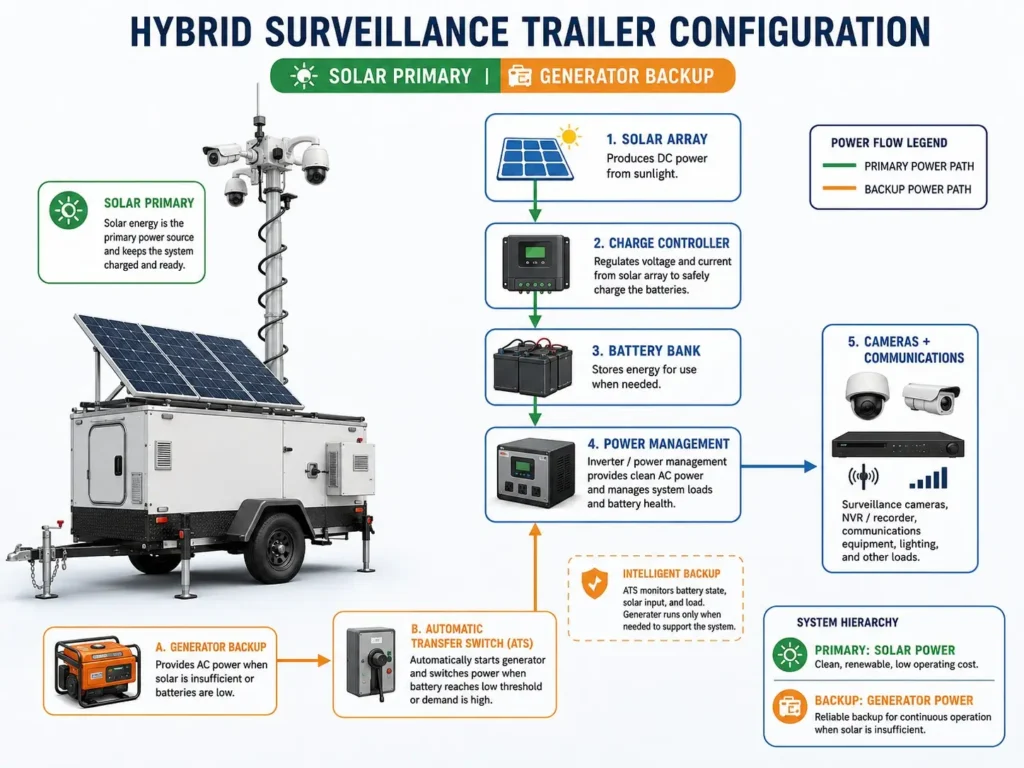 Diagram showing solar plus generator hybrid surveillance trailer configuration with solar primary and generator backup