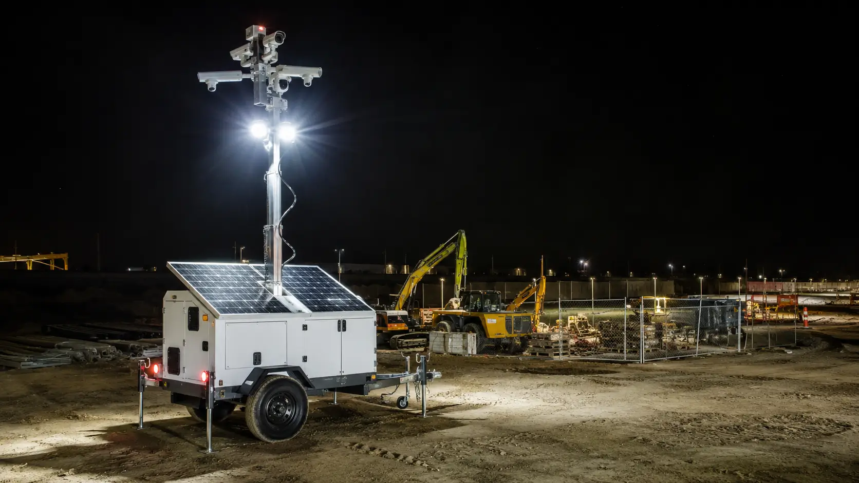 Solar-powered Hawk security camera trailer lighting up a construction site at night in California