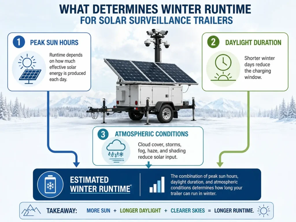 Diagram showing the three variables that determine winter runtime for solar surveillance trailers including peak sun hours daylight duration and atmospheric conditions