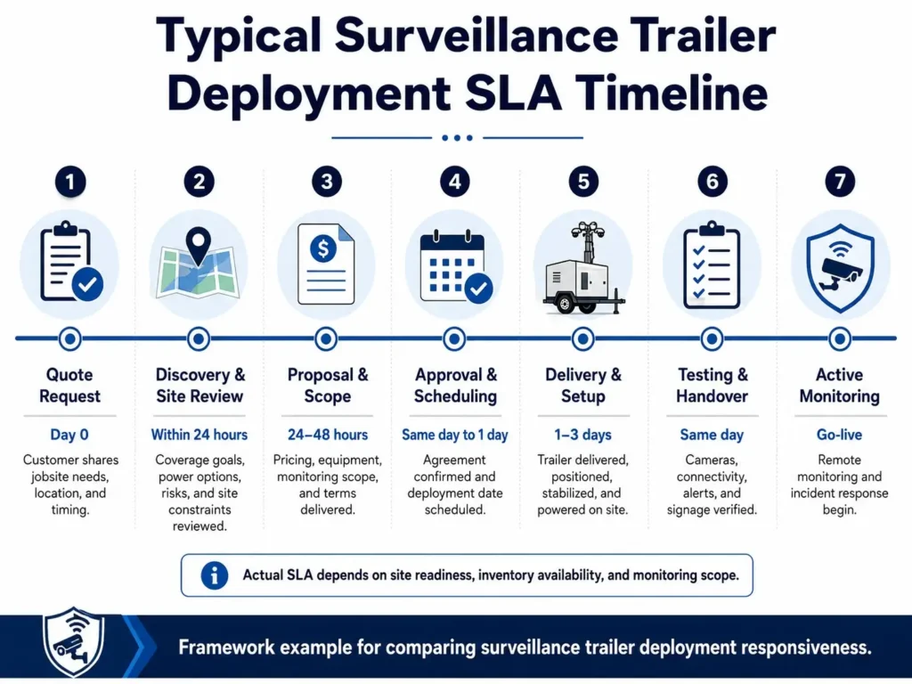 Timeline showing typical surveillance trailer deployment SLA milestones from quote to active monitoring