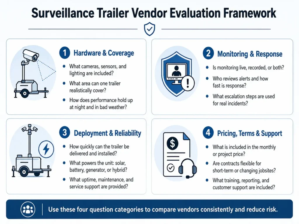 Framework infographic showing the four categories of surveillance trailer vendor evaluation questions