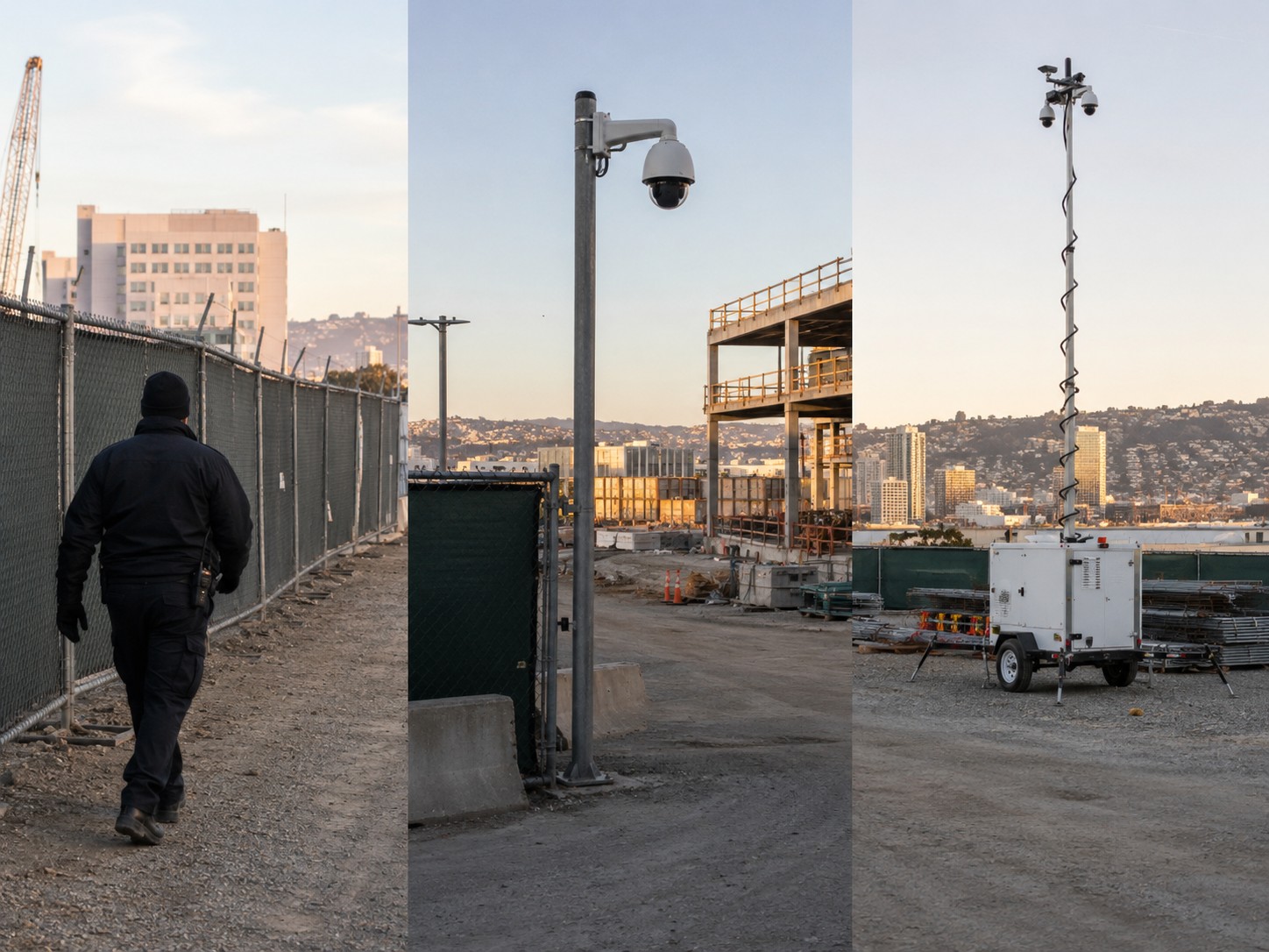 elevated camera mast view over a multi-phase Oakland construction site with material staging areas