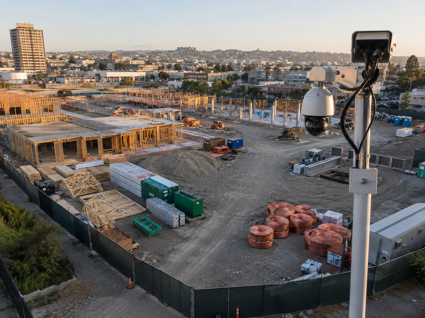 surveillance trailer monitoring an after-hours Oakland construction site under street lights