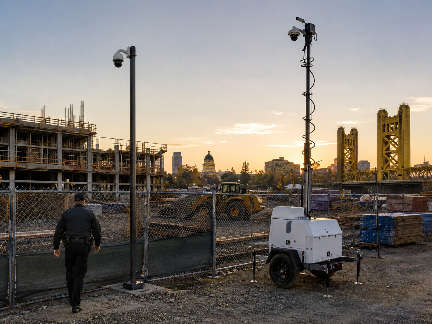 side-by-side comparison of guard, fixed camera, and mobile trailer on a Sacramento construction perimeter