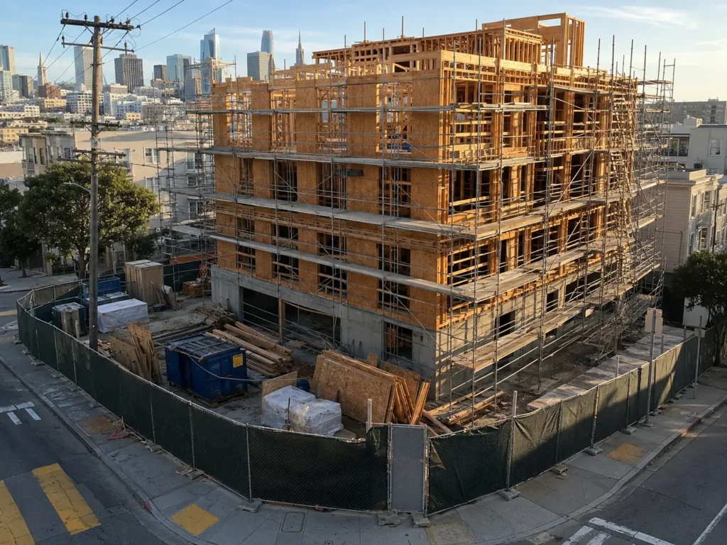 Elevated camera mast view overlooking a multi-story San Francisco urban construction site