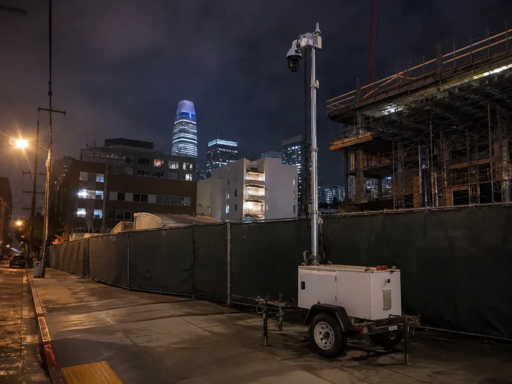 Compact mobile surveillance trailer monitoring an after-hours San Francisco construction site