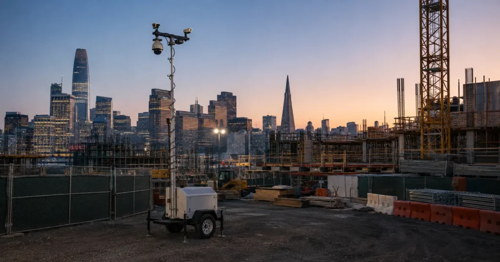 San Francisco urban construction site with compact mobile surveillance trailer at twilight