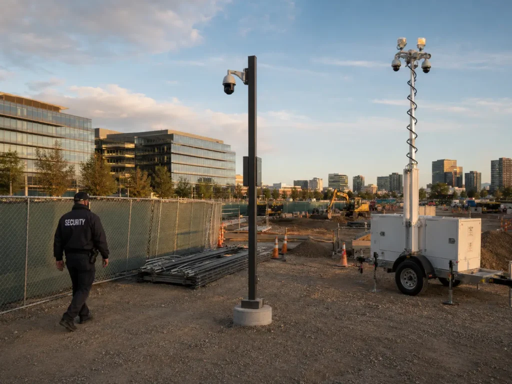 PTZ surveillance cameras on elevated masts securing a San Jose construction site, with a commercial building and blue sky in the background