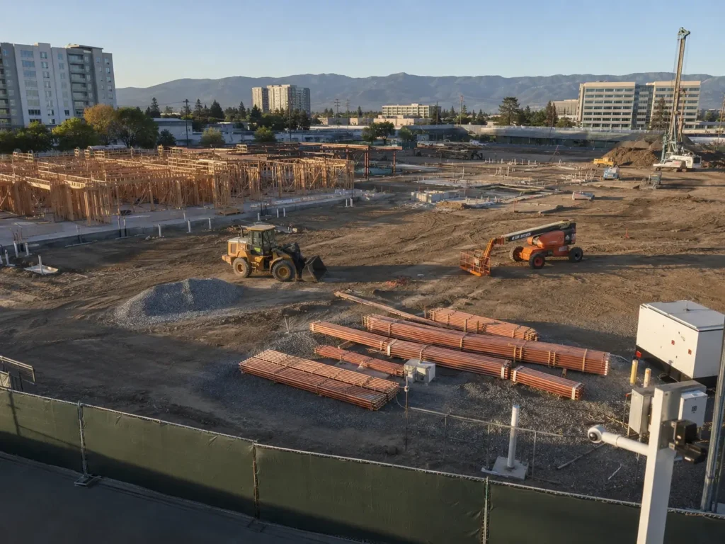 Active San Jose construction site with wood-framed foundation work and a crane, mid-rise buildings and South Bay hills in the background