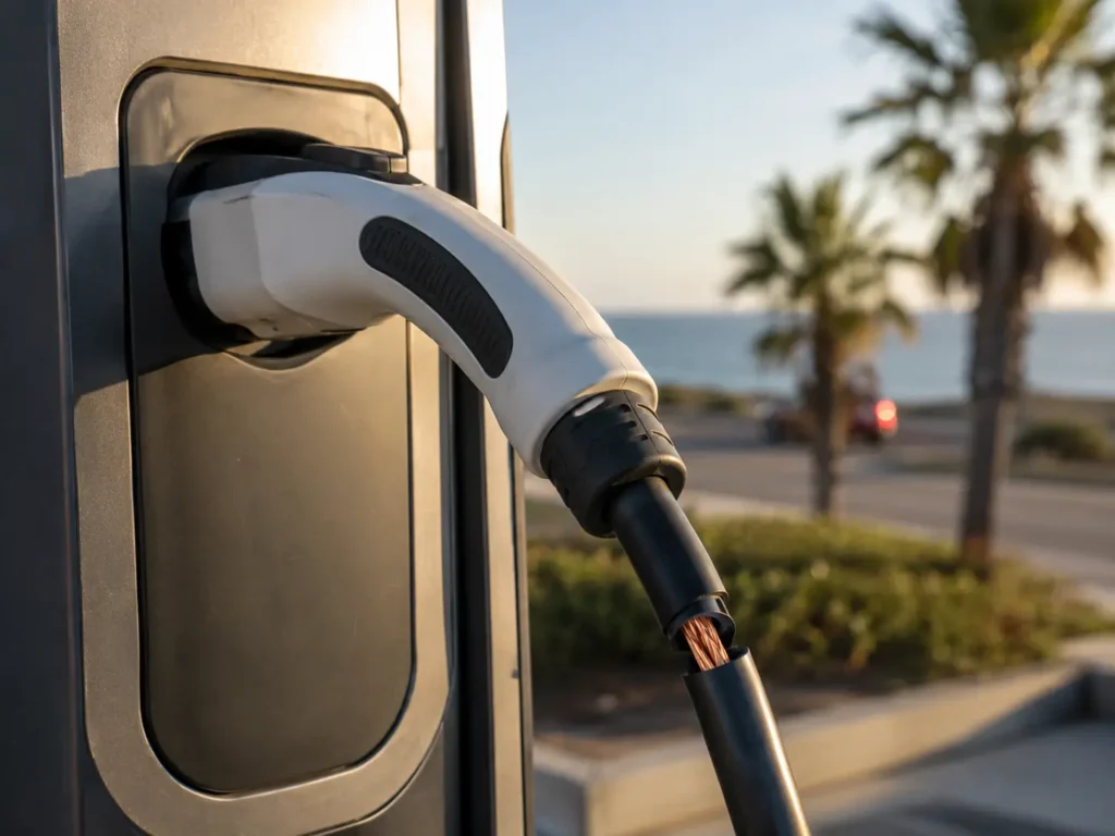 California EV charging station cables in a public parking lot vulnerable to copper cord cutting and theft