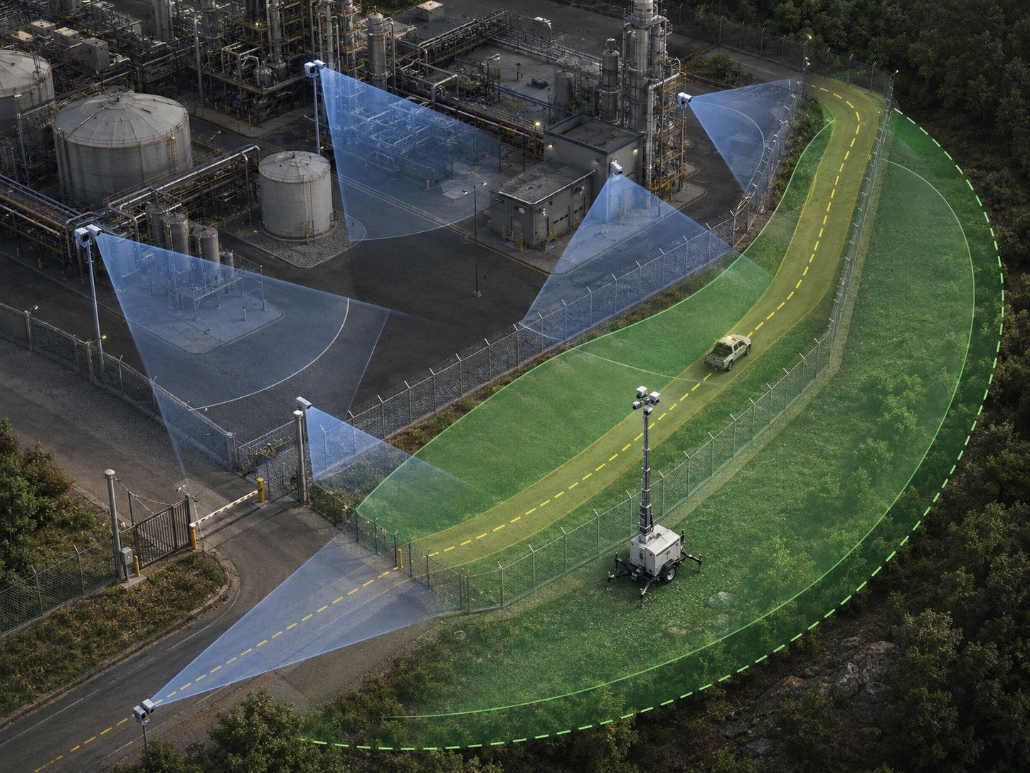 industrial plant coverage gap diagram with mobile trailer filling perimeter blind spots