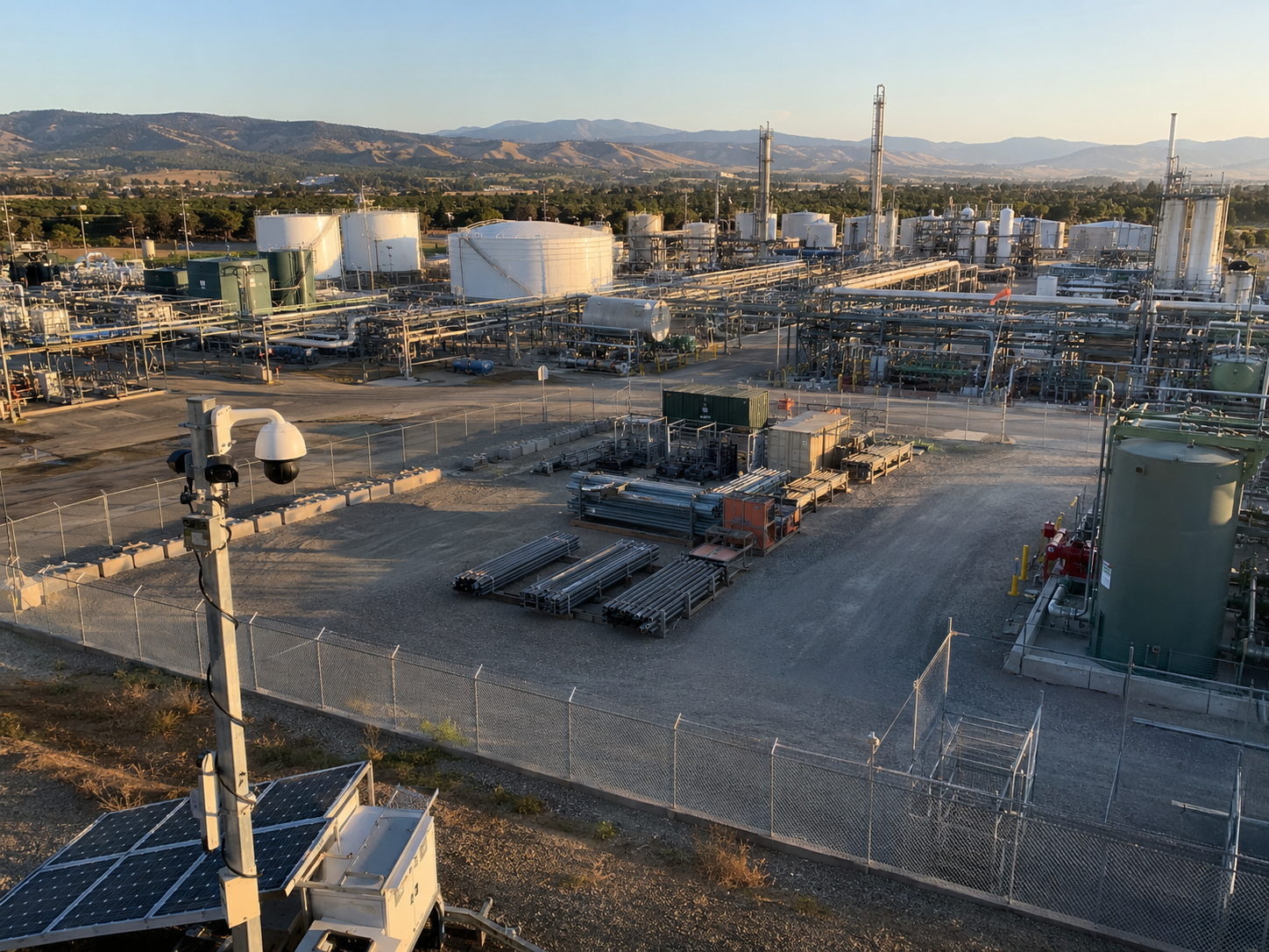 elevated mast view across a California industrial plant with piping and tanks