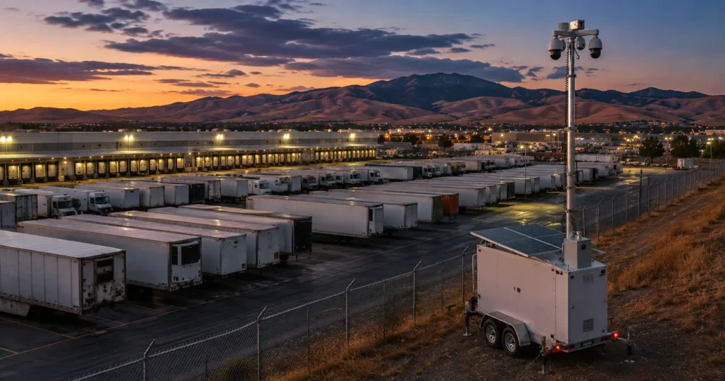Mobile surveillance trailer monitoring cargo trailer rows at a Central Valley logistics hub after hours