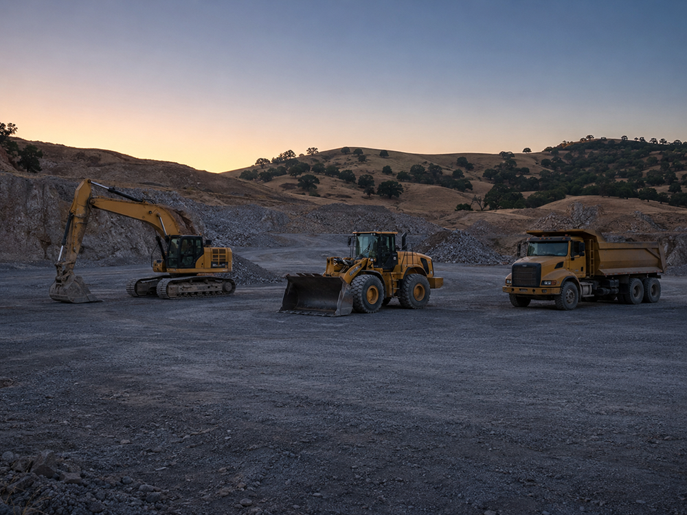 heavy mining equipment parked at twilight in a remote NorCal quarry laydown area