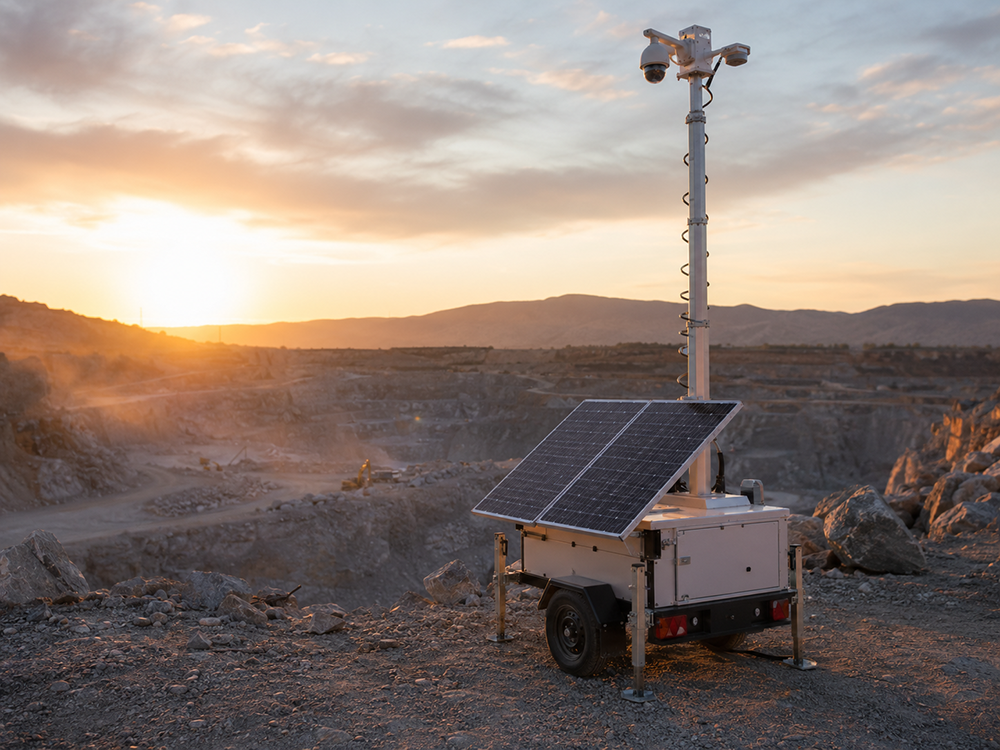 off-grid solar surveillance trailer at the edge of a quarry pit at golden hour