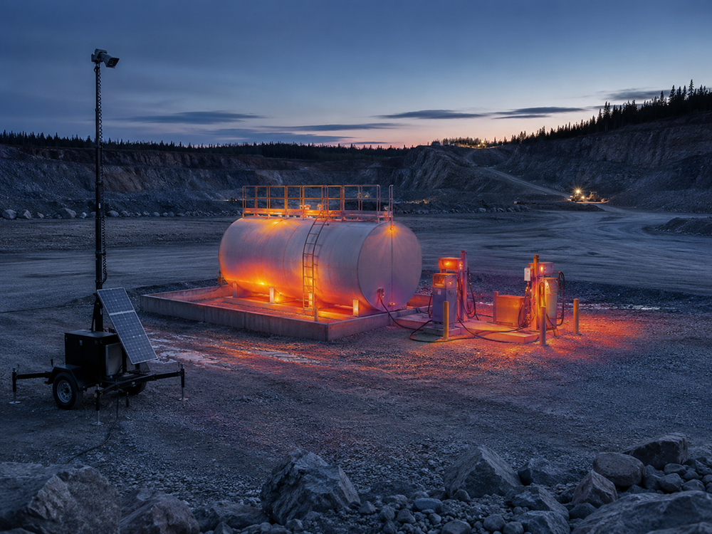 thermal-camera view of a remote mining-site fuel tank at twilight