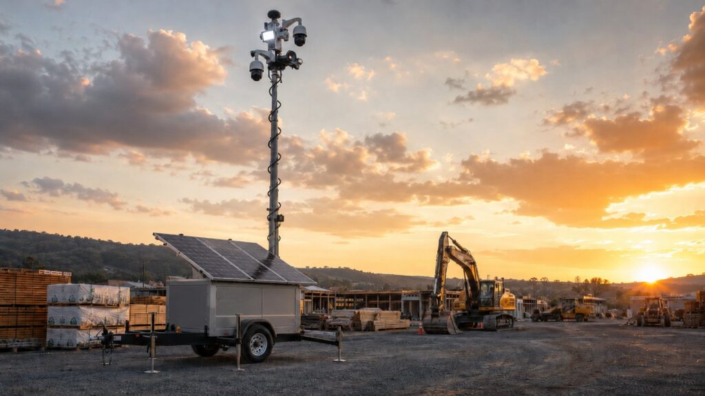 Mobile surveillance trailer protecting a Northern California construction site at dusk