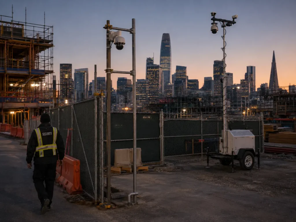 Side-by-side comparison of a security guard, fixed camera, and compact mobile surveillance trailer along a San Francisco urban construction site perimeter
